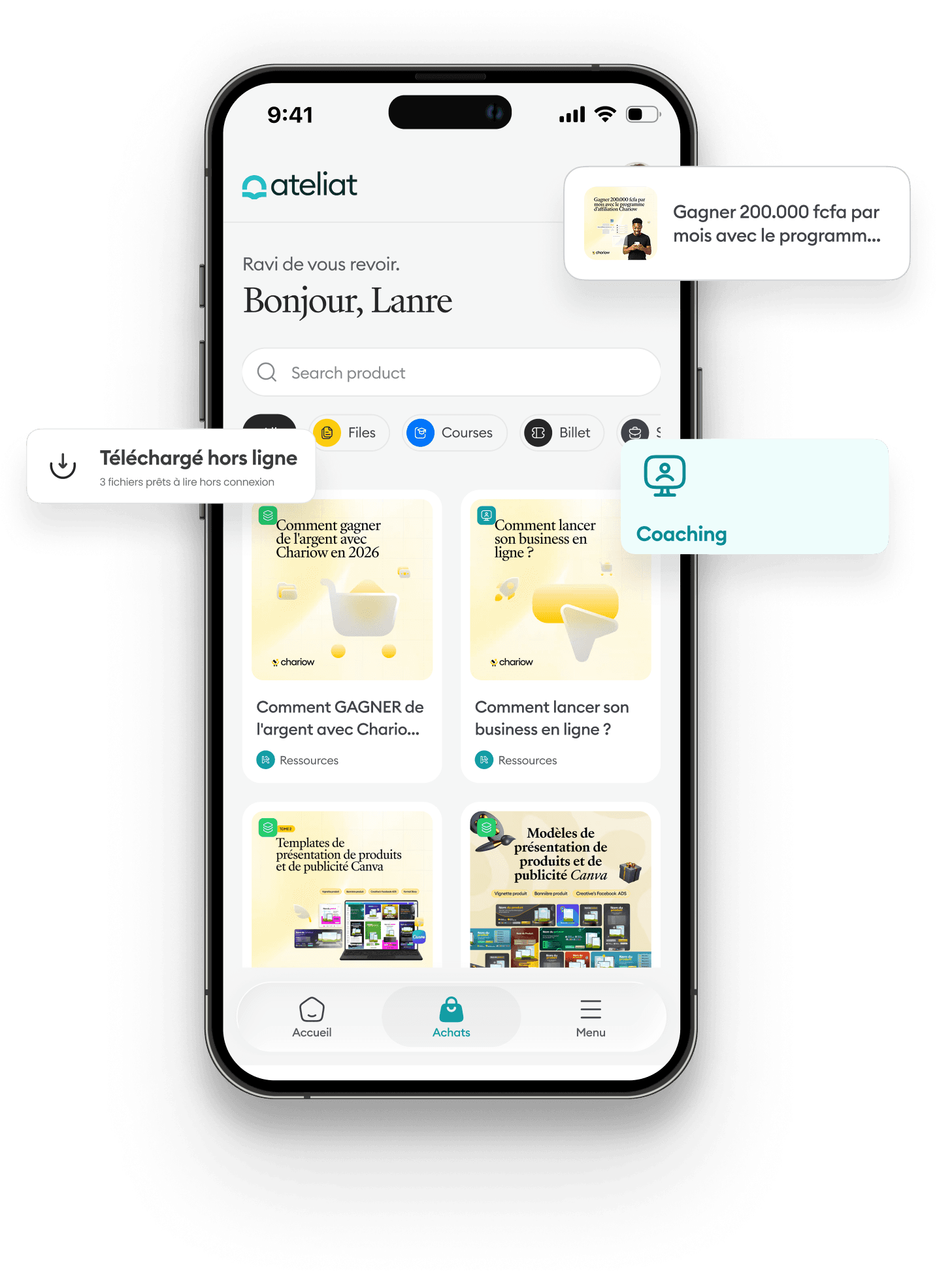 The Ateliat app showing a customer's purchase library